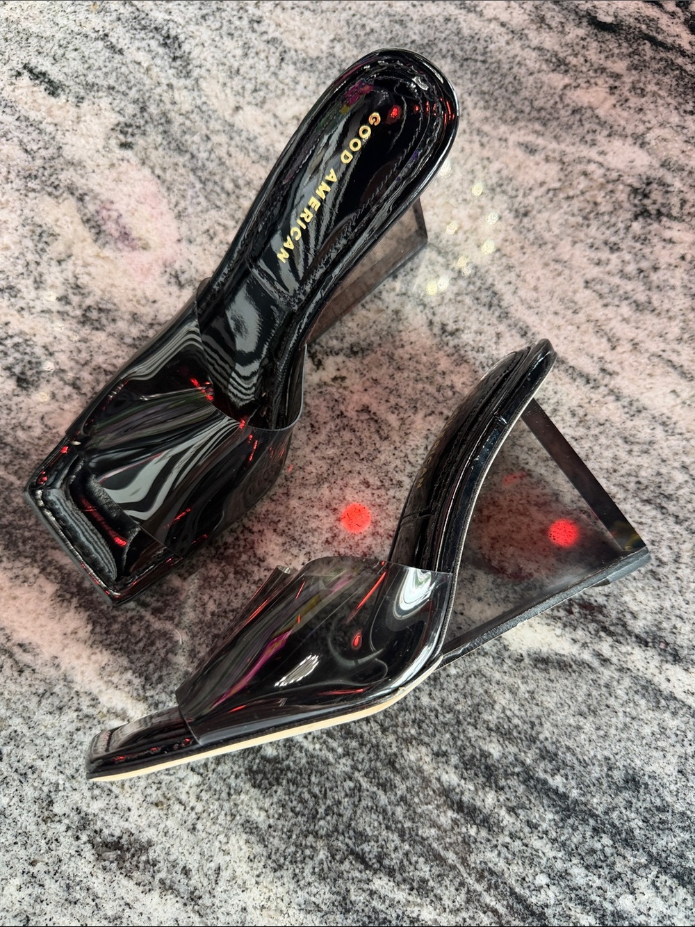 Good American Black Patent Square-Toe Mules
